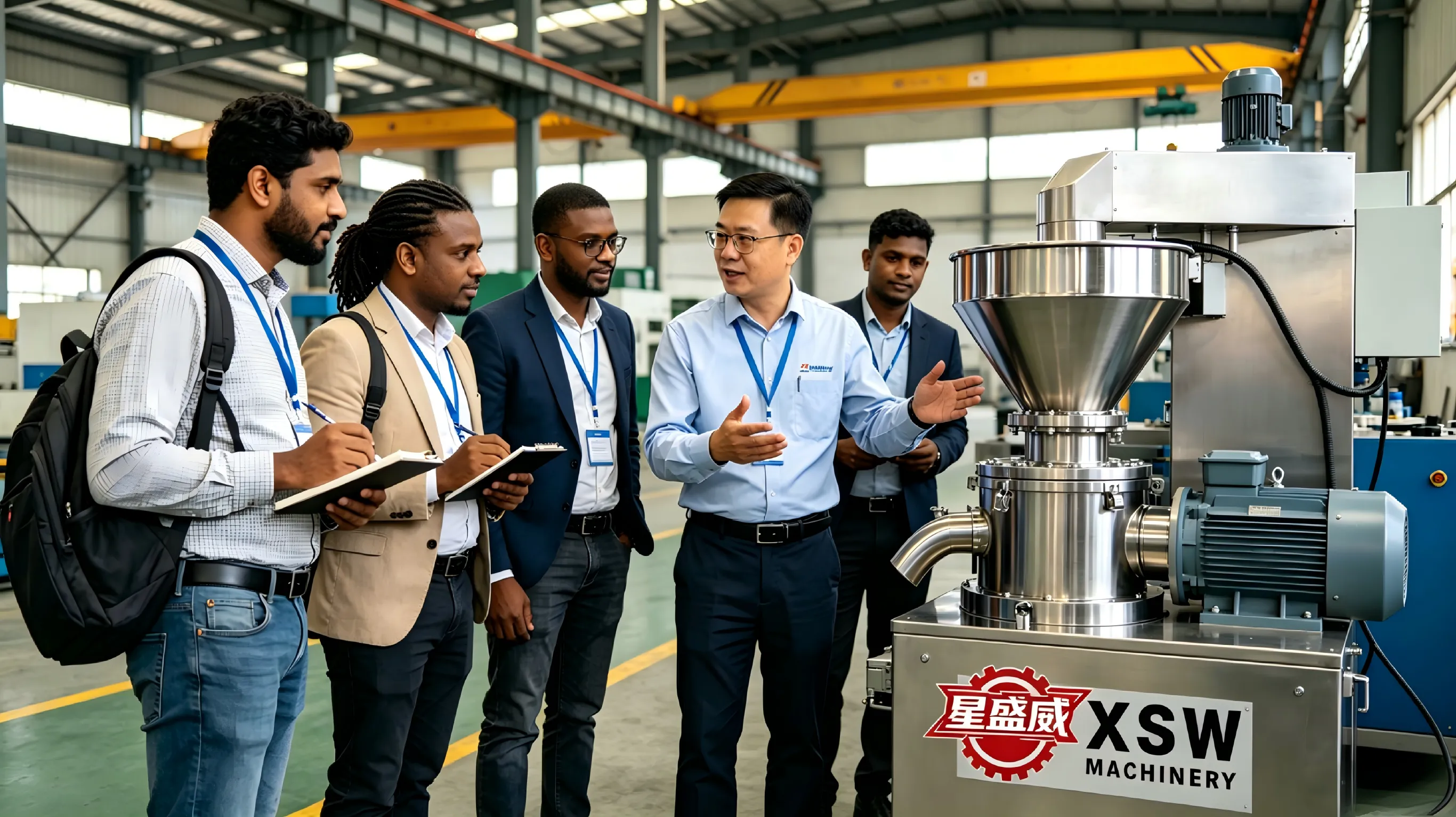 Utomlands agentteam kom till Xingshengwei Machinery Factory för fältinspektion och affärskommunikation